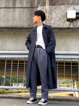 「epnok（エプノック）のアイテム（ステンカラーコート）」を使った、mugimugiさん（メンズ・175cm）の秋コーディネート