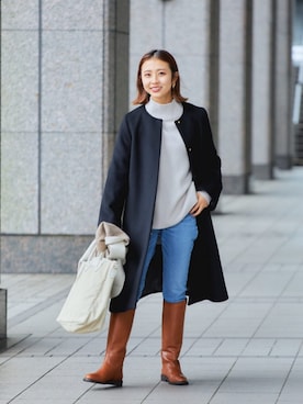 「green label relaxing（グリーンレーベルリラクシング）のアイテム（ノーカラーコート）」を使った、松岡（matsuoka）さん（レディース・158cm）の冬コーディネート