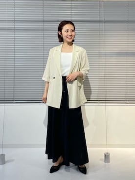 「green label relaxing（グリーンレーベルリラクシング）の【結論シリーズ】シアーエアミドルスリーブジャケット［size SHORTあり］（テーラードジャケット、ベージュ系）」を使った、松岡（matsuoka）さん（レディース・158cm）の夏コーディネート