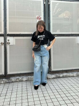 「KBF（ケイビーエフ）の『低身長向けも展開』ダメージウォッシングデニム（デニムパンツ、ブルー系）」を使った、miraiさん（レディース・152cm）の夏コーディネート