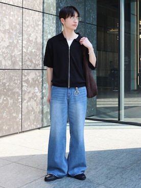 「LUENNA（ルエナ）の【LUENNA】Semi-flare Denim Pants / セミフレアデニムパンツ（デニムパンツ、ブルー系）」を使った、るいさん（メンズ・179cm）の夏コーディネート