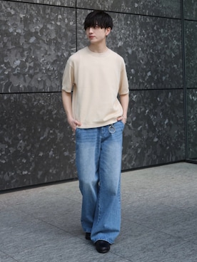 「LUENNA（ルエナ）の【LUENNA】Mesh Crew Neck Summer Knit T-Shirt / メッシュクルーネックサマーニットTシャツ（Tシャツ/カットソー、ホワイト系）」を使った、るいさん（メンズ・179cm）の春コーディネート