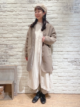 「フリース」｜「アイテム（ノーカラーコート）」を使った、なかお⚘さん（レディース・165cm）の冬コーディネート
