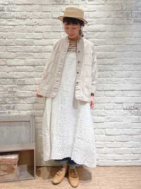 「カンカン帽」｜「アイテム（カバーオール）」を使った、なかお⚘さん（レディース・165cm）の春コーディネート