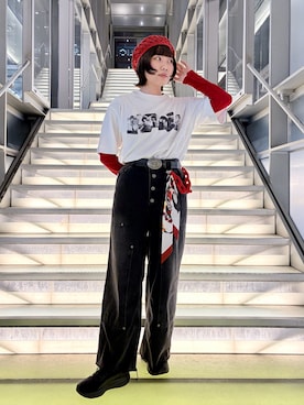「OVERRIDE（オーバーライド）のOVERRIDE  REC CROCHET BERET SG / オーバーライド（ハンチング/ベレー帽、レッド系）」を使った、popuriさん（レディース・161cm）の春コーディネート