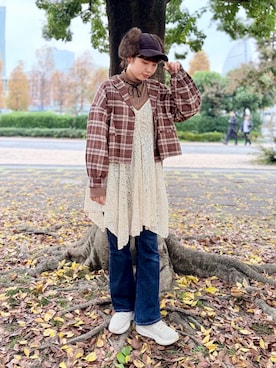 「アイテム（ノーカラージャケット）」を使った、popuriさん（レディース・161cm）の秋コーディネート