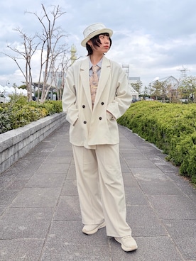 「OVERRIDE（オーバーライド）のOVERRIDE  PAPER CLOTH PORK PIE / オーバーライド（ハット、ホワイト系）」を使った、popuriさん（レディース・161cm）の春コーディネート