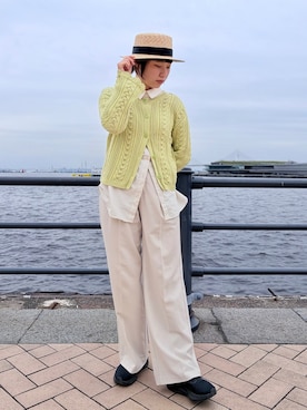 「OVERRIDE（オーバーライド）のOVERRIDE  STRAW BRAID BOATER SG / オーバーライド（ハット、ブラック系）」を使った、popuriさん（レディース・161cm）の春コーディネート