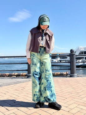 「OVERRIDE（オーバーライド）のOVERRIDE  REP CROCHET HAIR BAND / オーバーライド（ヘアバンド、ブルー系）」を使った、popuriさん（レディース・161cm）の春コーディネート