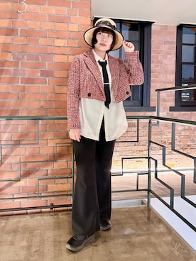 「Chapeau d' O（シャポードオー）のChapeau d' O  Raffia Lace Bucket / シャポードオー（ハット、ブラック系）」を使った、popuriさん（レディース・161cm）の春コーディネート