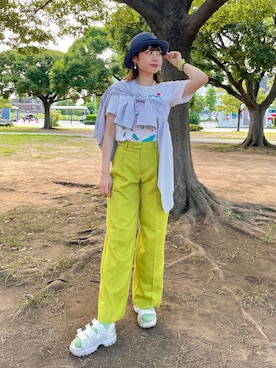 「ストライプシャツ」｜「アイテム（ブルー系）」を使った、popuriさん（レディース・161cm）の夏コーディネート