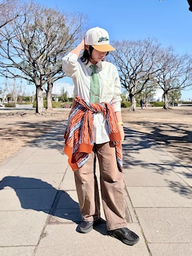 「niko and...（ニコアンド）のアソート柄ZIPカーディガン（カーディガン/ボレロ、オレンジ系）」を使った、popuriさん（レディース・161cm）の春コーディネート