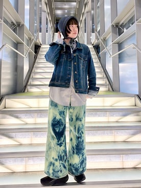 「OVERRIDE（オーバーライド）のOVERRIDE PAPER CROCHET BONNET / オーバーライド（ハット、ブルー系）」を使った、popuriさん（レディース・161cm）の春コーディネート