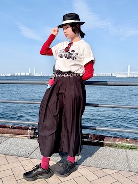 「OVERRIDE（オーバーライド）のOVERRIDE  KENMA FEDORA COLOR RIBBON / オーバーライド（ハット、ブラック系）」を使った、popuriさん（レディース・161cm）の春コーディネート