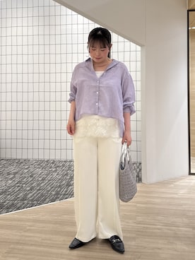 「Jena espace merveilleux(ジェナ エスパスメルヴェイユ)の袖ギャザーガーゼシャツ(シャツ/ブラウス、パープル系)」を使った、aiさん(レディース・169cm)の春コーディネート