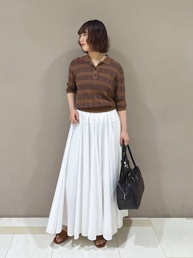 「BABYLONE（バビロン）のクラシックラインポロ（ポロシャツ、ブラウン系）」を使った、babyloneyaeさん（レディース・157cm）の春コーディネート