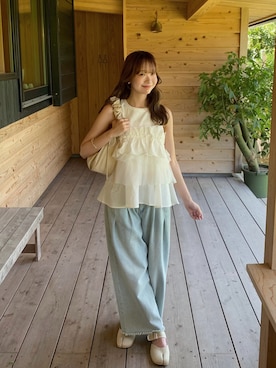 「NOTREemor（ノートルエモア）のemor tuck wide denim pants（デニムパンツ）」を使った、misuzuさん（レディース・161cm）の夏コーディネート