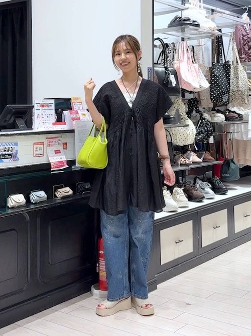 LOWRYS FARM シャーリングチュニックフレンチスリーブ　ブラック シャーリングチュニックフレンチスリーブ ローリーズファーム