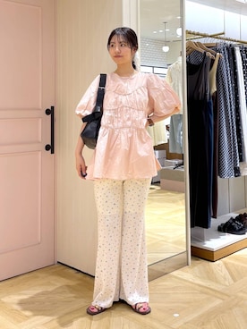 「LOWRYS FARM（ローリーズファーム）のアシメティアードチュニックＳＳ　1049042（シャツ/ブラウス、ピンク系）」を使った、もりこさん（レディース）の夏コーディネート