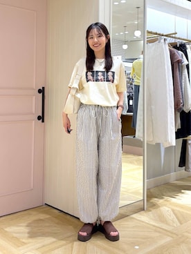 「LOWRYS FARM（ローリーズファーム）のカンドウフィットＫｎｉｔサンダル 637889（サンダル、ブラウン系）」を使った、もりこさん（レディース）の春コーディネート