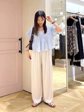 「LOWRYS FARM（ローリーズファーム）のスタイルＵＰクロスカップキャミ　100757（Tシャツ/カットソー、ホワイト系）」を使った、もりこさん（レディース）の夏コーディネート
