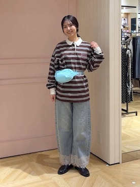 「LOWRYS FARM（ローリーズファーム）のウエストポーチ　 637742（ボディバッグ/ウエストポーチ、ブルー系）」を使った、もりこさん（レディース）の春コーディネート