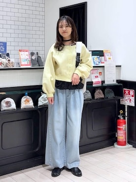 「LOWRYS FARM（ローリーズファーム）のイージーバギーデニム　601067（デニムパンツ、ブルー系）」を使った、もりこさん（レディース）の春コーディネート