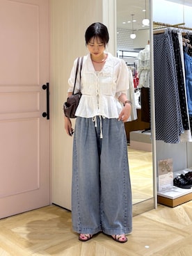 「LOWRYS FARM（ローリーズファーム）のスタイルＵＰクロスカップキャミ　100757（Tシャツ/カットソー、ホワイト系）」を使った、もりこさん（レディース）の夏コーディネート