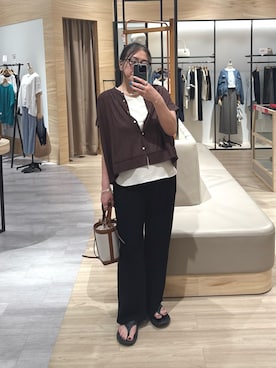 「Jena espace merveilleux(ジェナ エスパスメルヴェイユ)のニットラインギャザーSH(シャツ/ブラウス、ブラウン系)」を使った、ウッチーさん(レディース・170cm)の夏コーディネート