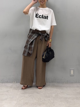 「PUAL CE CIN（ピュアルセシン）のシルケットロゴプリント×刺繍Tシャツ（Tシャツ/カットソー、ホワイト系）」を使った、nakataさん（レディース・153cm）の夏コーディネート