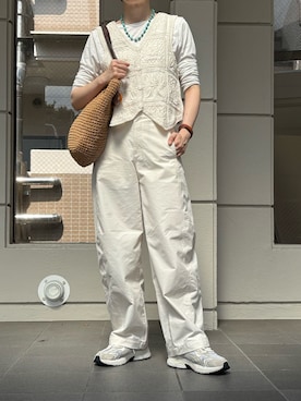 「Trish（トリッシュ）のコットン刺繍ベスト（ベスト、ホワイト系）」を使った、おけいさん（レディース・159cm）の夏コーディネート