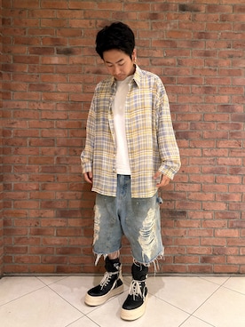 「WHITELAND（ホワイトランド）のWHITELAND/ホワイトランド/CHIFFON CHECK SHIRTS（シャツ/ブラウス、ブルー系）」を使った、KUGAさん（メンズ・174cm）の春コーディネート