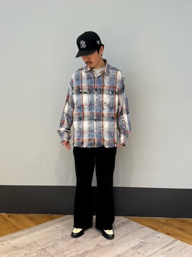「DANKE SCHON（ダンケシェーン）のDankeSchon/ダンケシェーン/DAMAGE CAMO CHECK L/S SHIRTS（シャツ/ブラウス、ブルー系）」を使った、KUGAさん（メンズ・174cm）の冬コーディネート