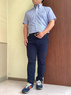 「TOKYO SHIRTS（トウキョウシャツ）の【Layered Cool】【吸水速乾】 形態安定ノンアイロン ボタンダウン 半袖ビジネスワイシャツ（ビジネスシャツ、ブルー系）」を使った、TOKYOSHIRTS札幌平岡店さん（メンズ・179cm）の夏コーディネート