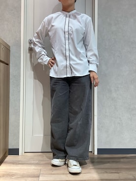 「TOKYO SHIRTS（トウキョウシャツ）の【吸水速乾】【COFREX】ピコレース ブラウス 長袖 レディースデザインシャツ（シャツ/ブラウス、グレー系）」を使った、TOKYOSHIRTS札幌平岡店さん（メンズ・179cm）の夏コーディネート