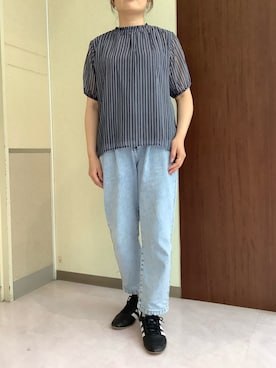 「TOKYO SHIRTS（トウキョウシャツ）のストライプ シフォンブラウス 五分袖（シャツ/ブラウス、ブルー系）」を使った、TOKYOSHIRTS札幌平岡店さん（メンズ・179cm）の夏コーディネート