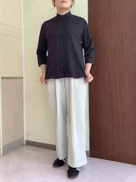 「TOKYO SHIRTS（トウキョウシャツ）の【吸水速乾】【COFREX】スタンド タック ブラウス 七分袖 レディースデザインシャツ（シャツ/ブラウス、ブラック系）」を使った、TOKYOSHIRTS札幌平岡店さん（メンズ・179cm）の夏コーディネート