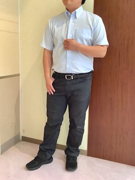「TOKYO SHIRTS（トウキョウシャツ）の【吸水速乾】【COFREX】形態安定ノンアイロン ボタンダウン 半袖ビジネスワイシャツ（ビジネスシャツ、ブルー系）」を使った、TOKYOSHIRTS札幌平岡店さん（メンズ・179cm）の夏コーディネート