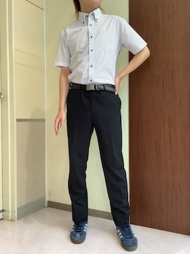 「TOKYO SHIRTS（トウキョウシャツ）の【超形態安定】【吸水速乾】 形態安定ノンアイロン ボタンダウン 半袖ビジネスワイシャツ（ビジネスシャツ、パープル系）」を使った、TOKYOSHIRTS札幌平岡店さん（メンズ・179cm）の夏コーディネート