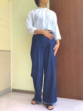 「TOKYO SHIRTS（トウキョウシャツ）の【吸水速乾】【COFREX】スタンド ピコレース ブラウス 七分袖 レディースデザインシャツ（シャツ/ブラウス、ホワイト系）」を使った、TOKYOSHIRTS札幌平岡店さん（メンズ・179cm）の夏コーディネート