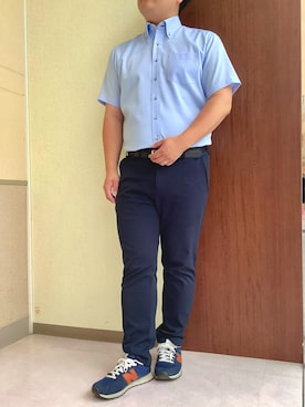 「TOKYO SHIRTS（トウキョウシャツ）の【Layered Cool】【吸水速乾】 形態安定ノンアイロン ボタンダウン 半袖ビジネスワイシャツ（ビジネスシャツ、ブルー系）」を使った、TOKYOSHIRTS札幌平岡店さん（メンズ・179cm）の夏コーディネート