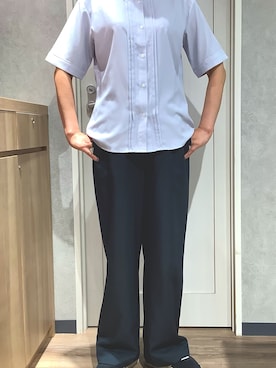 「TOKYO SHIRTS（トウキョウシャツ）の【吸水速乾】【COFREX】スタンド衿 ピンタック ブラウス 五分袖 レディースデザインシャツ（シャツ/ブラウス、ブルー系）」を使った、TOKYOSHIRTS札幌平岡店さん（メンズ・179cm）の夏コーディネート