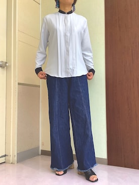 「TOKYO SHIRTS（トウキョウシャツ）の【吸水速乾】【COFREX】スタンド 配色ブラウス 長袖 レディースデザインシャツ（シャツ/ブラウス、グレー系）」を使った、TOKYOSHIRTS札幌平岡店さん（メンズ・179cm）の夏コーディネート
