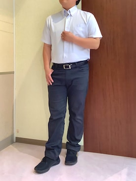 「TOKYO SHIRTS（トウキョウシャツ）の【COFREX】 形態安定ノンアイロン ボタンダウン 半袖ビジネスワイシャツ（ビジネスシャツ、グレー系）」を使った、TOKYOSHIRTS札幌平岡店さん（メンズ・179cm）の夏コーディネート