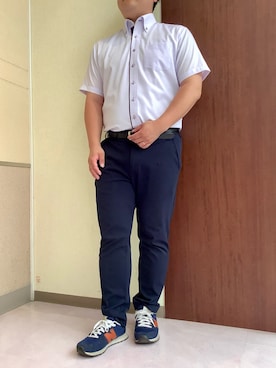 「TOKYO SHIRTS（トウキョウシャツ）の【Layered Cool】【吸水速乾】 形態安定ノンアイロン ボタンダウン 半袖ビジネスワイシャツ（ビジネスシャツ、パープル系）」を使った、TOKYOSHIRTS札幌平岡店さん（メンズ・179cm）の夏コーディネート