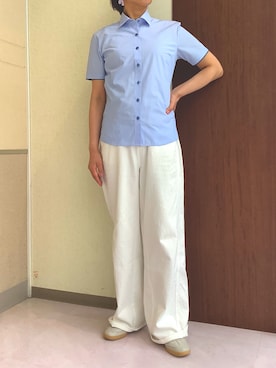 「TOKYO SHIRTS（トウキョウシャツ）の【吸水速乾】 形態安定ノンアイロン ワイド 半袖ビジネスワイシャツ（ビジネスシャツ、ブルー系）」を使った、TOKYOSHIRTS札幌平岡店さん（メンズ・179cm）の夏コーディネート