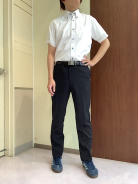「TOKYO SHIRTS（トウキョウシャツ）の【吸水速乾】 形態安定ノンアイロン ボタンダウン 半袖ビジネスワイシャツ（ビジネスシャツ、ホワイト系）」を使った、TOKYOSHIRTS札幌平岡店さん（メンズ・179cm）の夏コーディネート