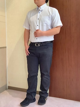「TOKYO SHIRTS（トウキョウシャツ）の【吸水速乾】【COFREX】形態安定ノンアイロン ボタンダウン 半袖ビジネスワイシャツ（ビジネスシャツ、ブルー系）」を使った、TOKYOSHIRTS札幌平岡店さん（メンズ・179cm）の夏コーディネート