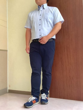 「TOKYO SHIRTS（トウキョウシャツ）の【Layered Cool】【吸水速乾】 形態安定ノンアイロン ボタンダウン 半袖ビジネスワイシャツ（ビジネスシャツ、ブルー系）」を使った、TOKYOSHIRTS札幌平岡店さん（メンズ・179cm）の夏コーディネート
