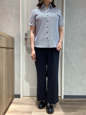「TOKYO SHIRTS（トウキョウシャツ）の【吸水速乾】【COFREX】形態安定ノンアイロン スキッパー 半袖ビジネスワイシャツ（ビジネスシャツ、ブルー系）」を使った、TOKYOSHIRTS札幌平岡店さん（メンズ・179cm）の夏コーディネート